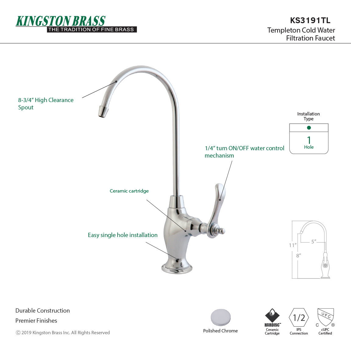 Kingston Heirloom KS3191TL - Templeton Single-Handle 1-Hole Deck Mount Water Filtration Faucet, Polished Chrome — thumbnail 3